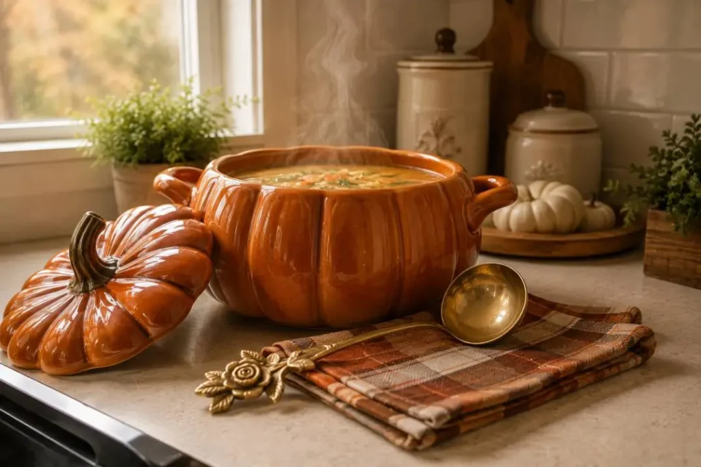 Ceramic-pumpkin-soup-tureen-with-ladle