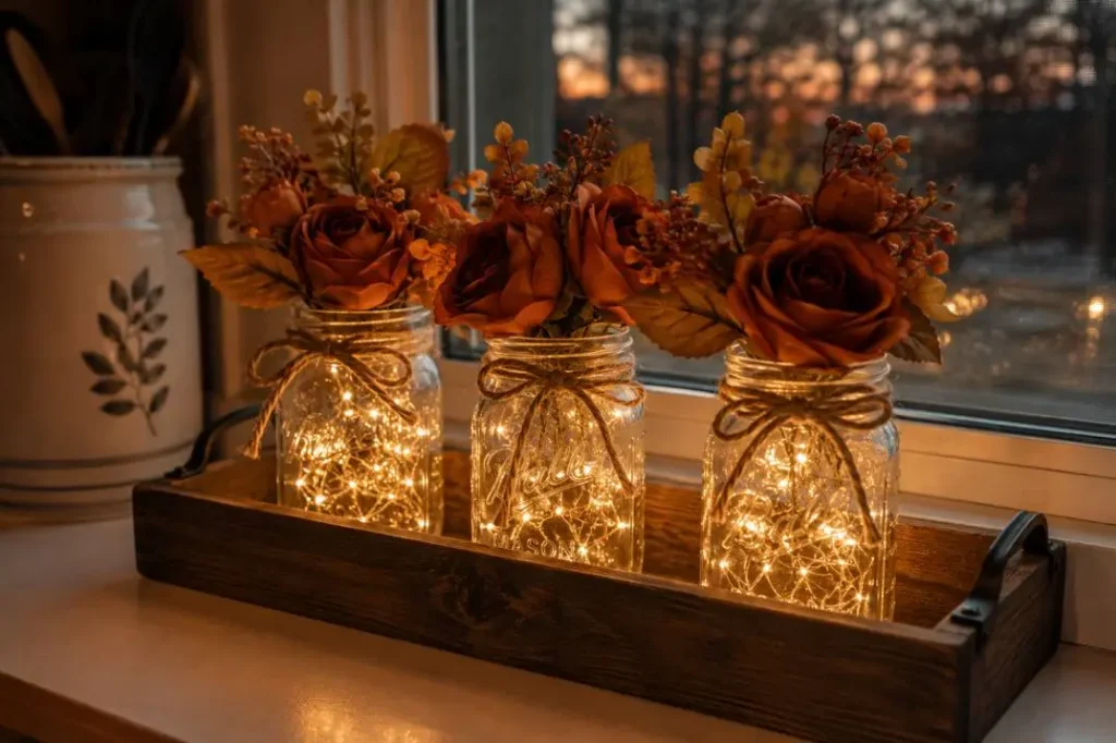 Mason jar trio with lights, in wood tray