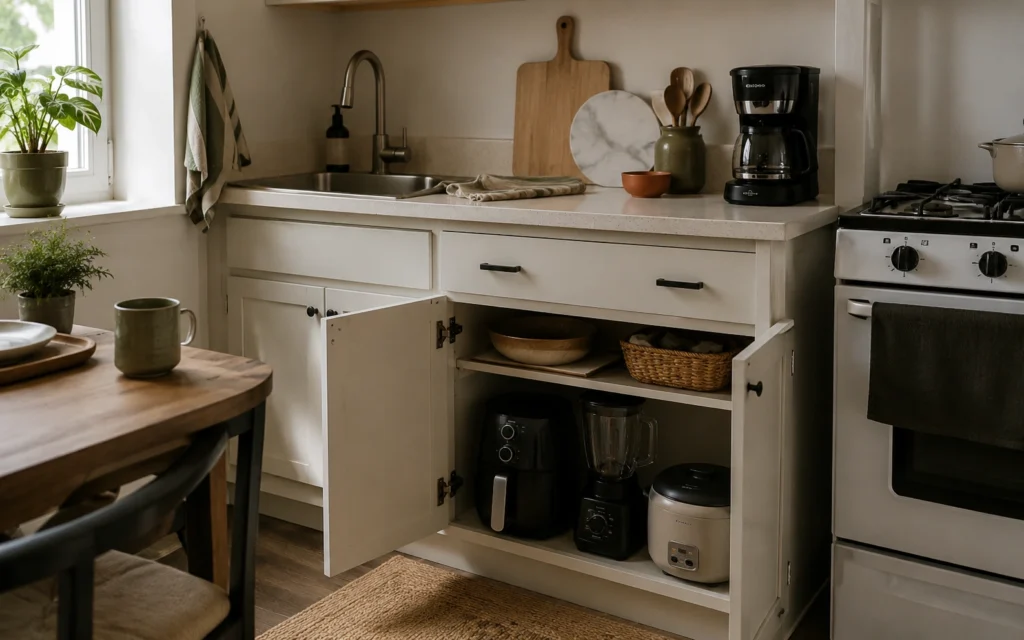 Small apartment kitchen with a clear preparation area and appliances stored in an open cabinet.