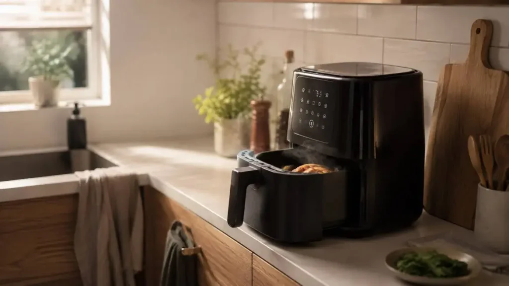 Compact digital air fryer on a small kitchen counter