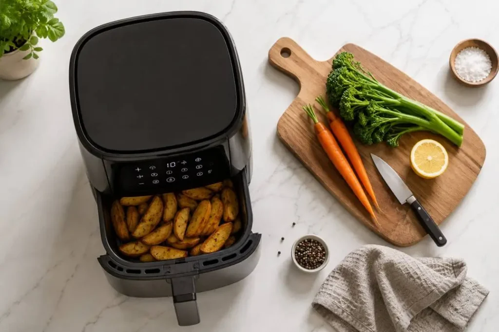 Overhead view of a countertop air fryer set up for cooking