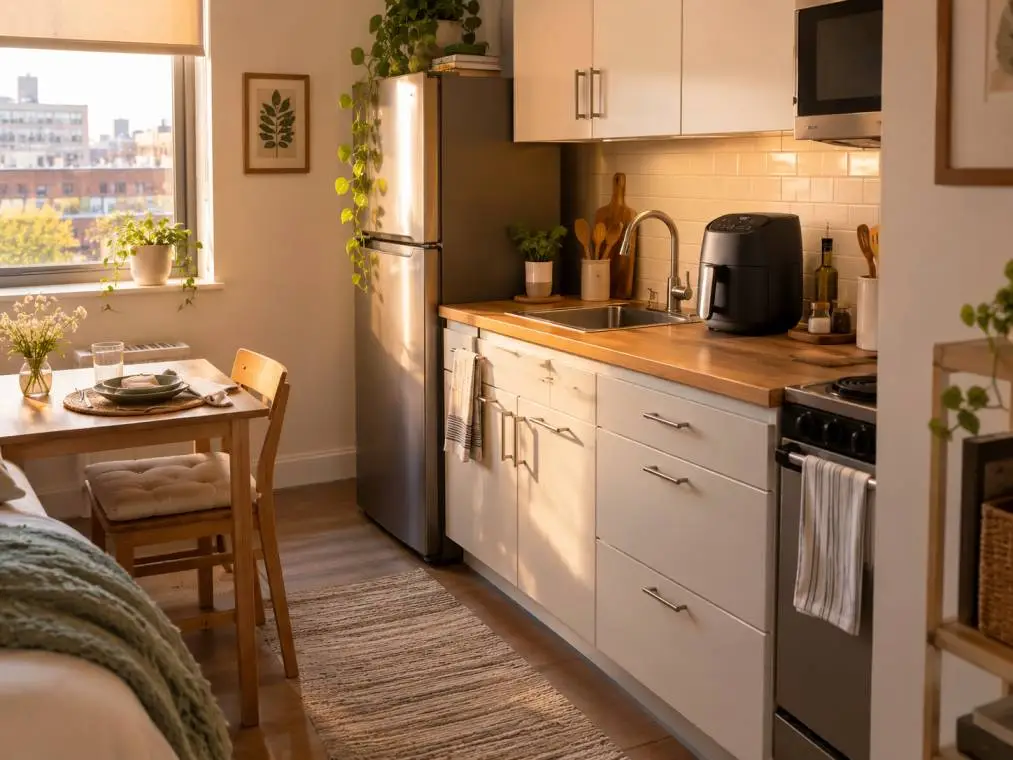 Small studio kitchen featuring a compact countertop air fryer