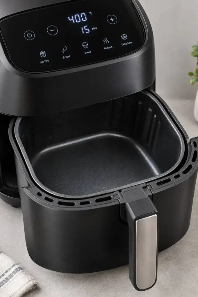 Close-up of an air fryer's nonstick basket and digital touchscreen controls
